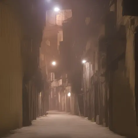 A mysterious, deserted alley in a high-tech city, illuminated by a faint, eerie glow of street lamps. --auto --s2