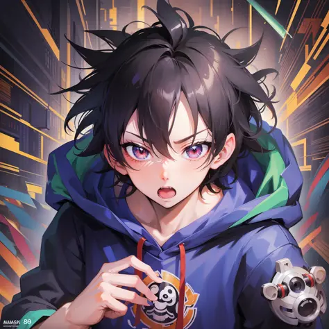 boy in hoodie with index finger to mouth, facing camera, upper body, goku, monkey sticker, key anime art, projectile on broken d...