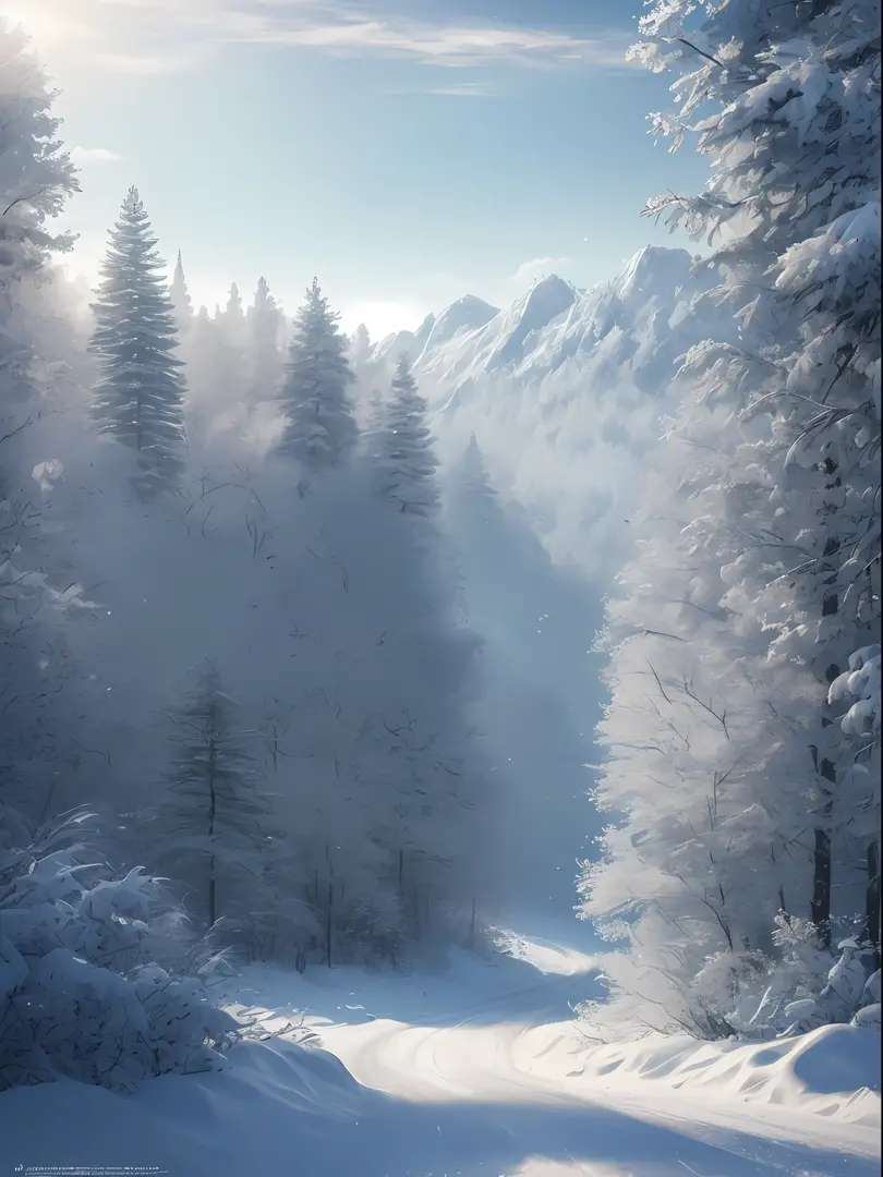 masterpiece, best quality, high quality, extremely detailed CG unity 8k wallpaper, The vast and quiet taiga stretches to the horizon, with dense green trees grouped in deep harmony, as the fresh breeze whispers through their leaves and crystal snow lies on...