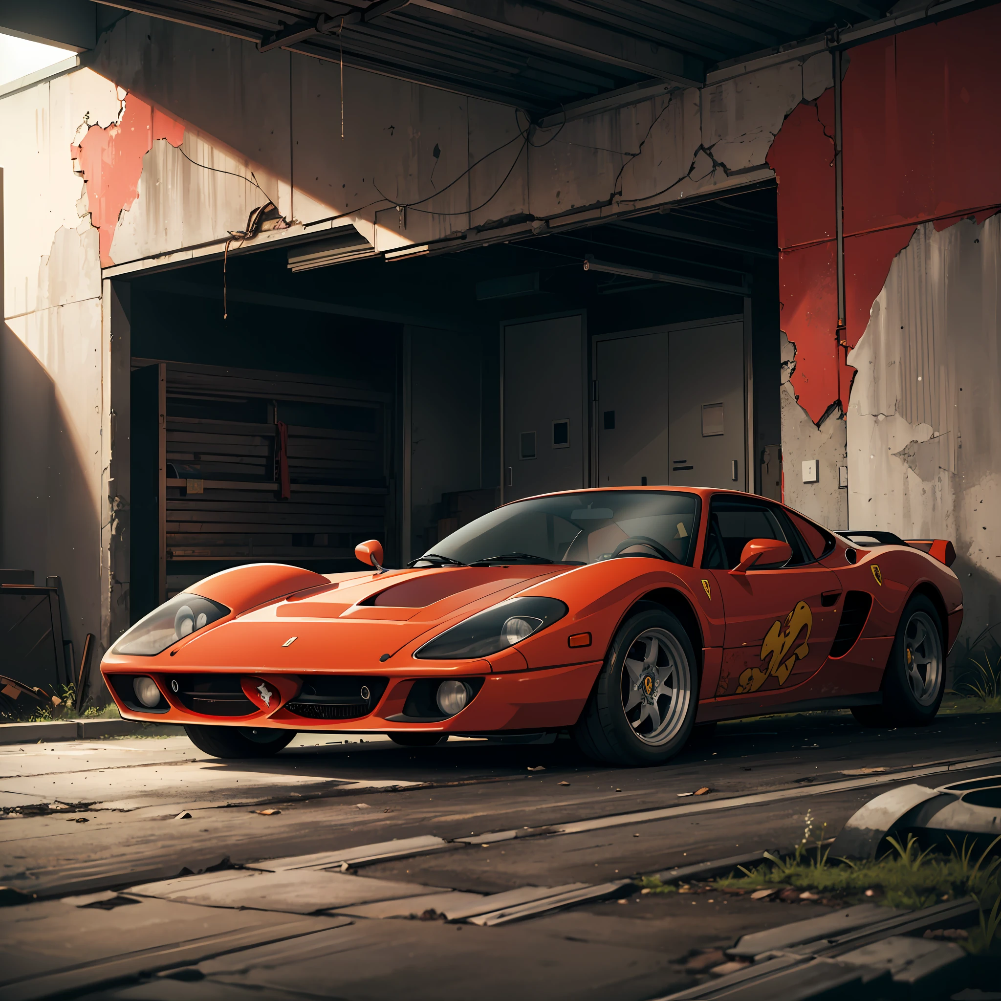 (masterpiece, best quality, ultra-details), dynamic framing, dynamic angle, lots of details, abandoned garage, a Ferrari covered in dust, rusty, rust framing, wall texture framing, low lighting, full car image