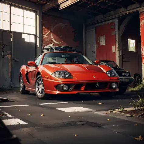(masterpiece, best quality, ultra-details), dynamic framing, dynamic angle, lots of details, abandoned garage, a Ferrari covered...