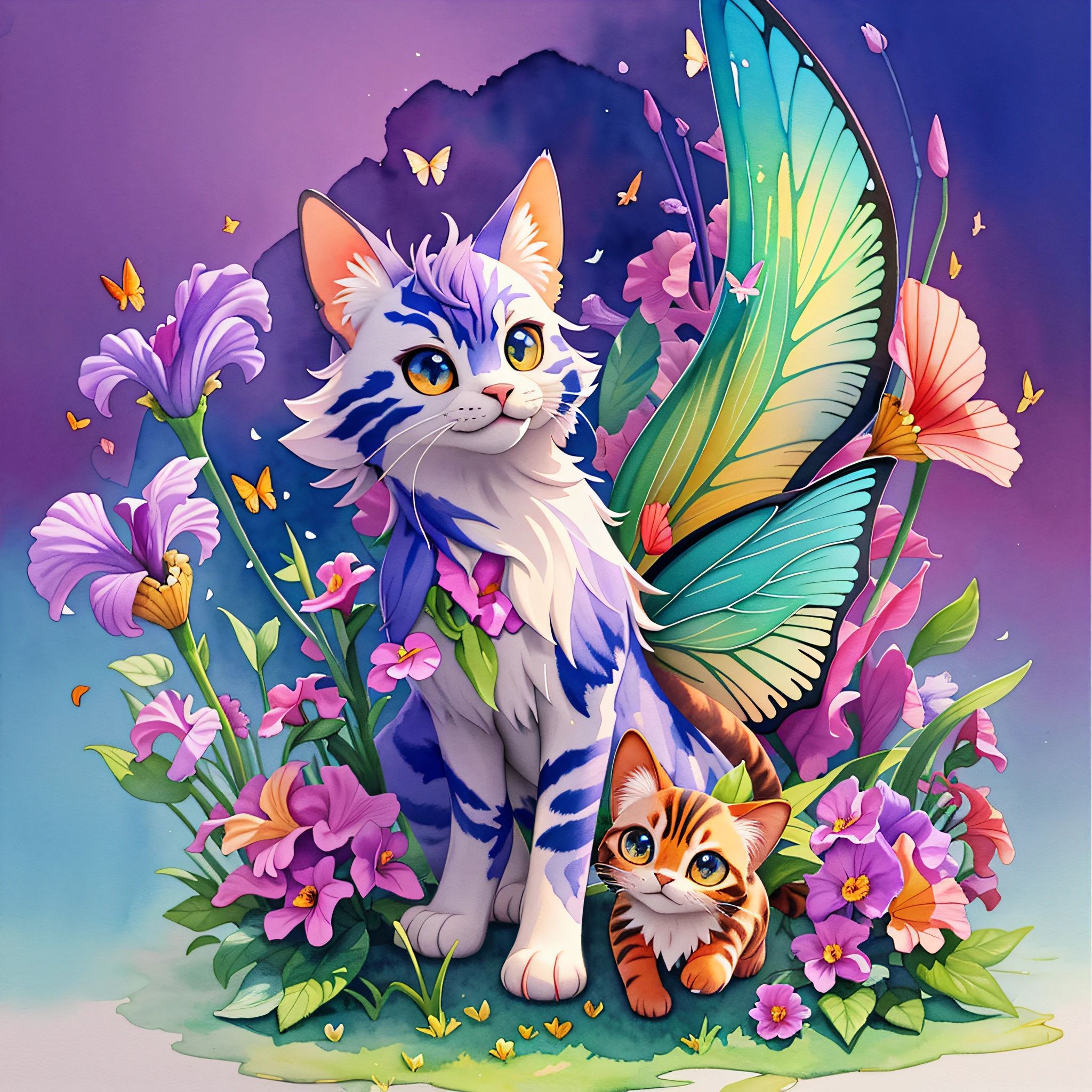 ( Watercolor \(Medium\), Iris: 1.2), Catch Butterfly, Front View of Male Cat, Full Body, Facial Focus, Abstract Background, Fantasy, Multiple Colors, Colorful, Petals, Wind Blowing,