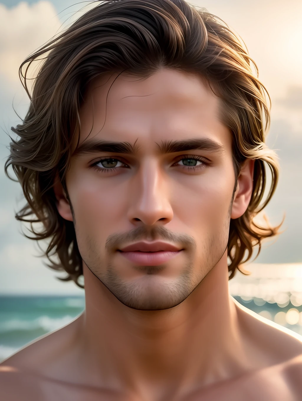 Cinematic soft lighting illuminates a stunningly detailed and ultra-realistic handsome Brazilian male supermodel, beach look, short messy windy brown hair, clear honey eyes, captivating perfect smile, sensual, hot man, insanely handsome, that is trending on ArtStation. Octane is the perfect tool to capture the softest details of this 16k photography masterpiece.