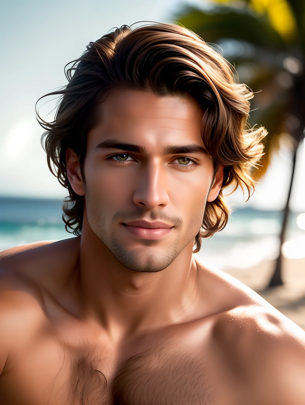Cinematic soft lighting illuminates a stunningly detailed and ultra-realistic handsome Brazilian male supermodel, beach look, short messy windy brown hair, clear honey eyes, captivating perfect smile, sensual, hot man, insanely handsome, that is trending on ArtStation. Octane is the perfect tool to capture the softest details of this 16k photography masterpiece.