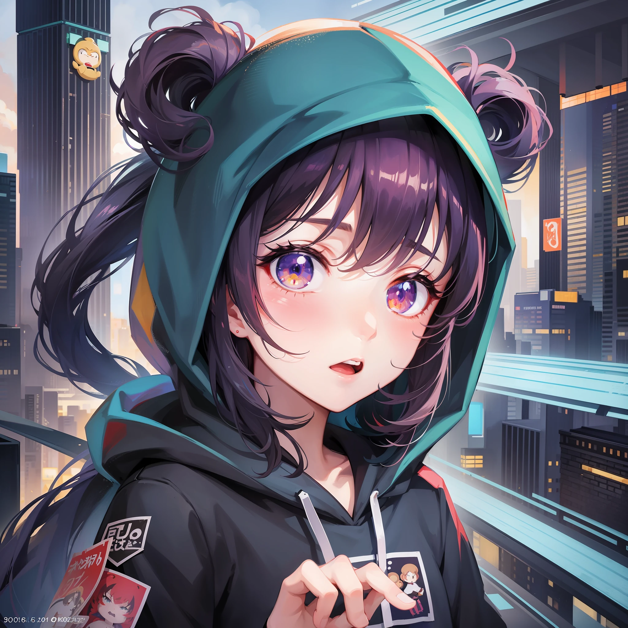 Girl in hoodie, index finger to mouth, facing camera, upper body, monkey, monkey sticker, key anime art, projectile on broken digital art, anime art wallpaper 8K, anime style 4K, badass anime 8K