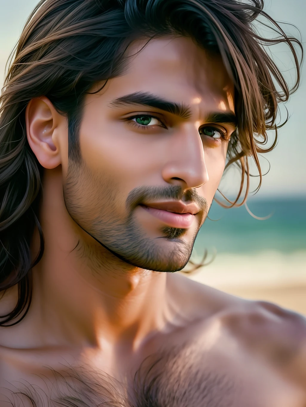 Cinematic soft lighting illuminates a stunningly detailed and ultra-realistic handsome Indian male supermodel, beach look, military short messy windy light brown hair, clear green eyes, captivating perfect smile, sensual, hot man, insanely handsome, that is trending on ArtStation. Octane is the perfect tool to capture the softest details of this 16k photography masterpiece.