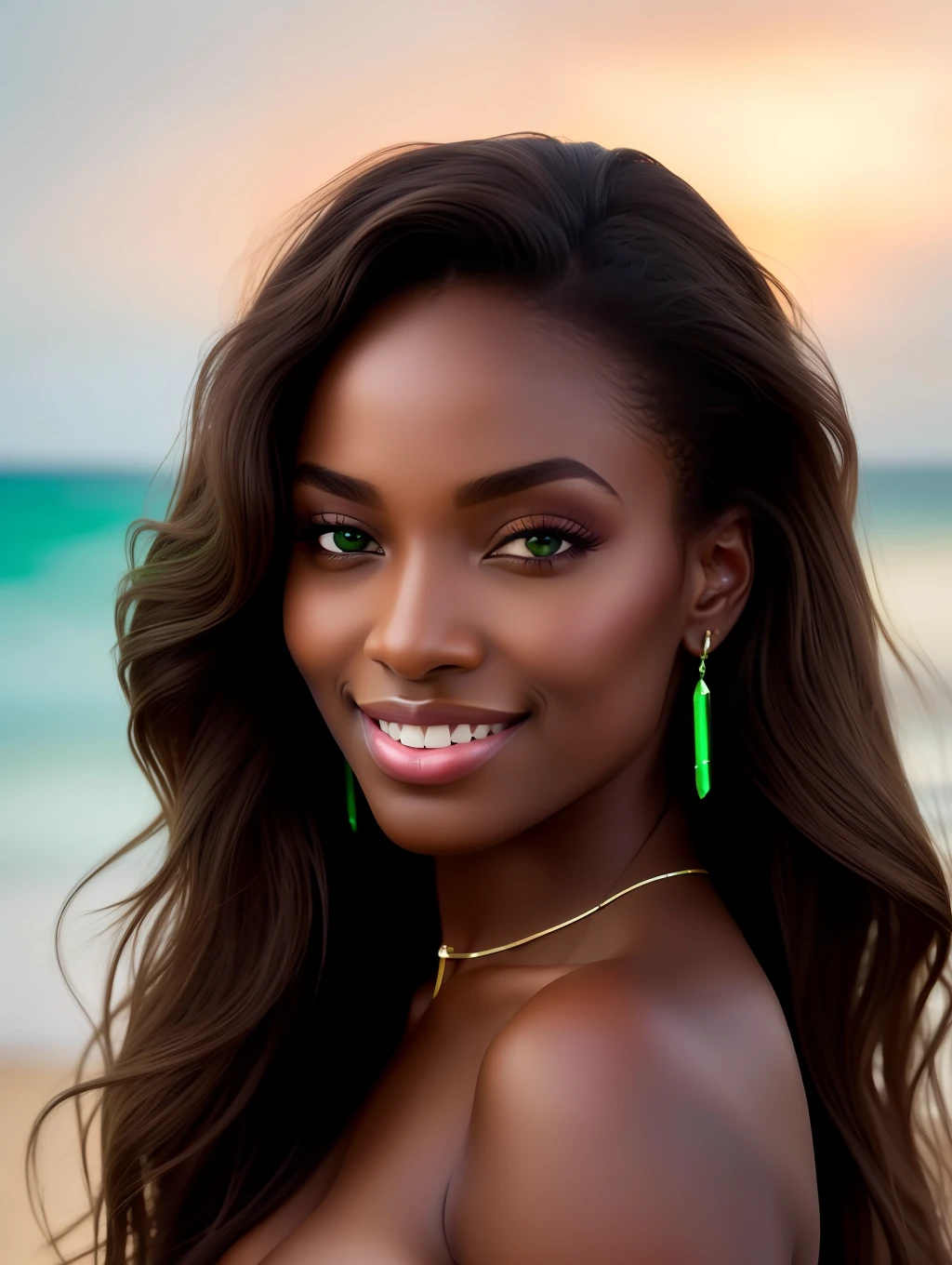 A iluminação suave cinematográfica ilumina uma bela supermodelo nigeriana incrivelmente detalhada e ultra-realista, look de praia, cabelo castanho longo e bagunçado e ventoso, olhos verdes claros, sorriso perfeito cativante, Sensual, mulher gostosa, maravilhoso, que é tendência no ArtStation. Octane é a ferramenta perfeita para capturar os detalhes mais suaves desta obra-prima da fotografia em 16k.
