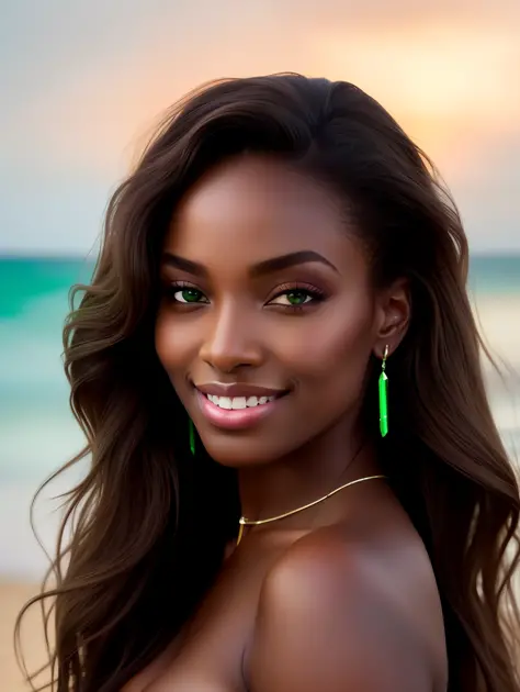 Cinematic soft lighting illuminates a stunningly detailed and ultra-realistic beautiful Nigerian supermodel, beach look, long me...