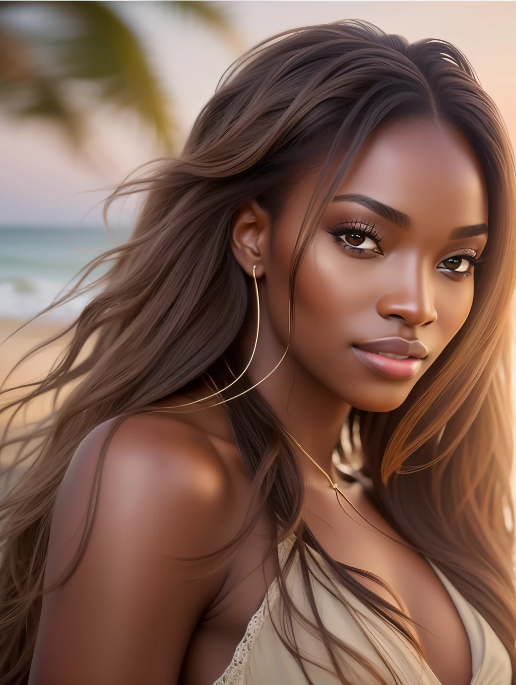 Una iluminación suave cinematográfica ilumina a una bella supermodelo nigeriana increíblemente detallada y ultrarrealista., mirada de playa, cabello castaño largo, desordenado y ventoso, Ojos claros de miel, cautivadora sonrisa perfecta, sensual, mujer atractiva, espléndido, eso es tendencia en ArtStation. Octane es la herramienta perfecta para capturar los detalles más suaves de esta obra maestra de la fotografía de 16k..