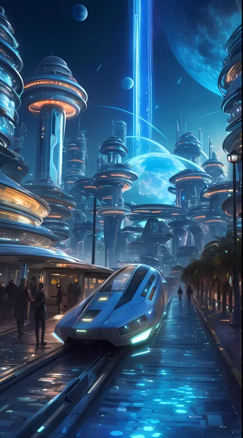 futuristic city with futuristic train and futuristic buildings at night, future concept art, otherwordly futuristic city, in fantasy sci - fi city, beautiful city of the future, futuristic utopian city, concept art 8 k resolution, concept art 8k resolution...