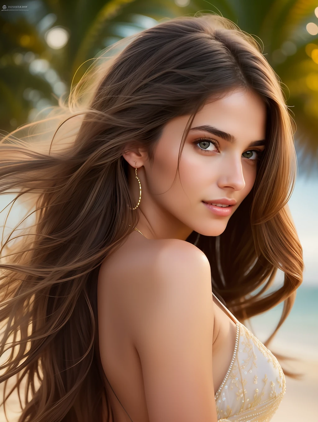 Cinematic soft lighting illuminates a stunningly detailed and ultra-realistic beautiful Middle-Eastern supermodel, beach look, long messy windy brown hair, clear honey eyes, captivating perfect smile, sensual, hot woman, gorgeous, that is trending on ArtStation. Octane is the perfect tool to capture the softest details of this 16k photography masterpiece.