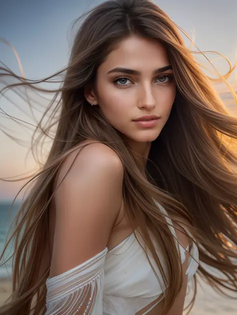 Cinematic soft lighting illuminates a stunningly detailed and ultra-realistic beautiful Middle-Eastern supermodel, beach look, l...