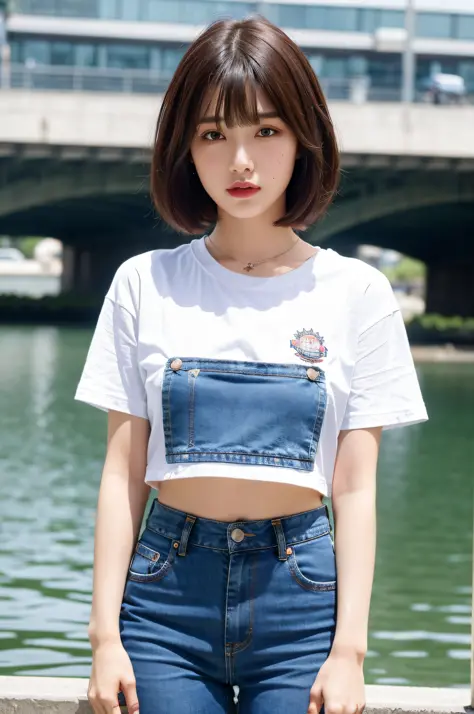 (realistic:1.4), best quality, ultra high res, 4k, instagram,highly detailed, 1girl , crop t-shirt, jeans short, short hair,  bangs,at the riverside,