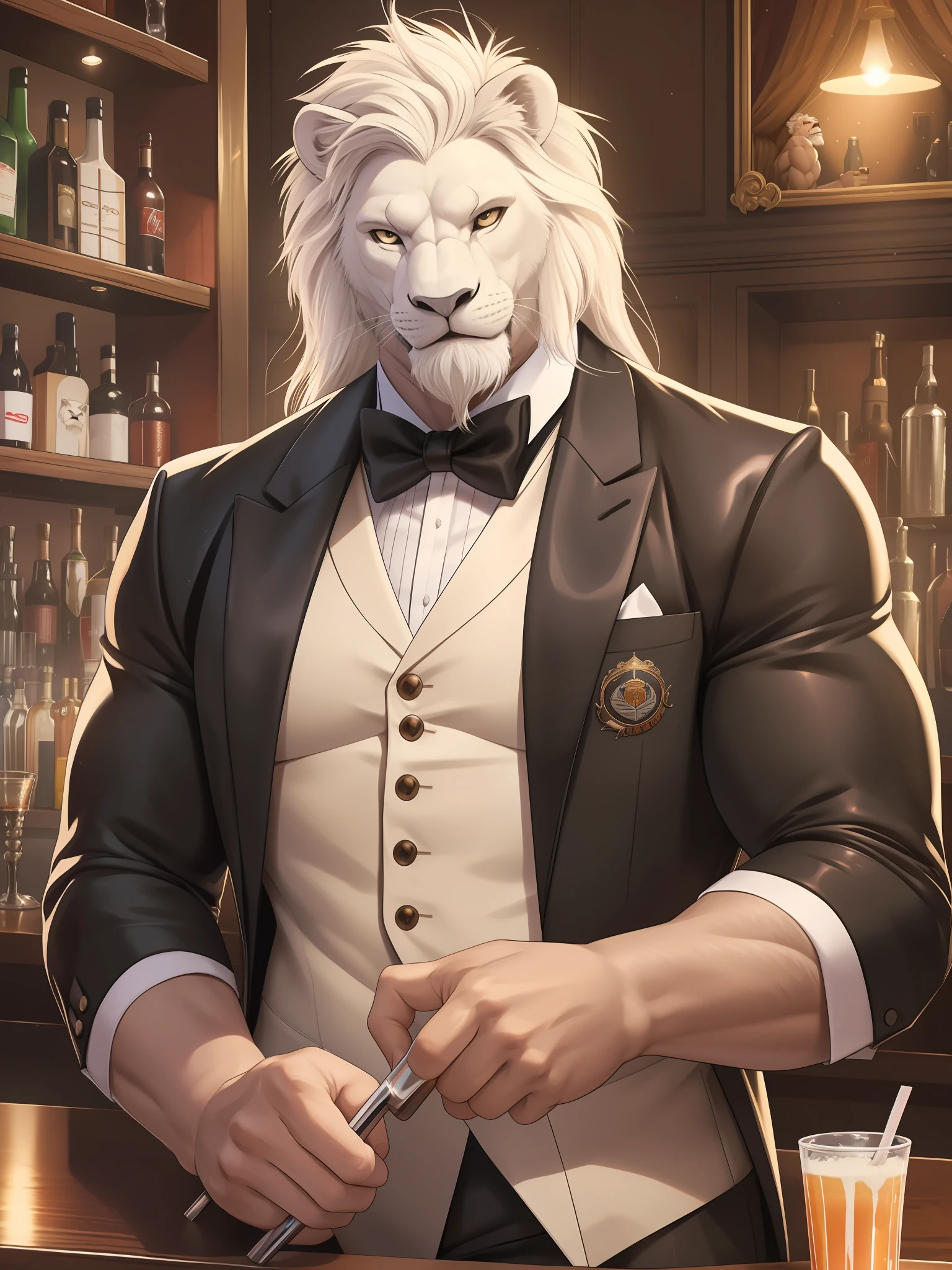 muscular man wear working in bar as bar tender, tuxedo, furry, an anthro (white lion), an anthto, a old man muscular, facial hair, happy expression, extremely detailed muscle, detailed face, face, detailed eyes, eyes, detailed muscle, realistic rendering, CG realistic, 3d realistic, photography, background