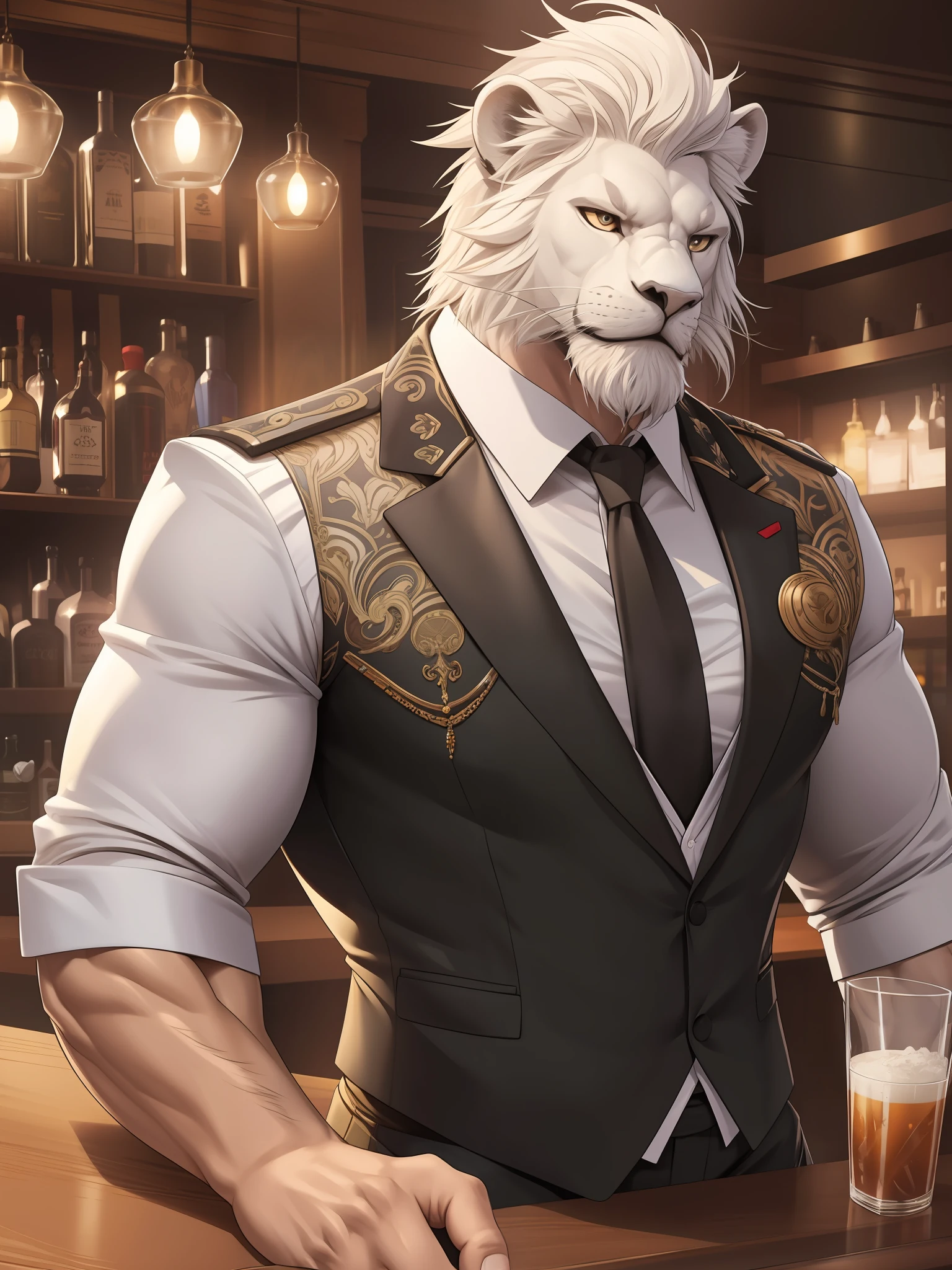 muscular пушистый wear working in bar as bar tender, Смокинг, пушистый, антро (белый лев), анто, мускулистый старик, волосы на лице, счастливое выражение, extremely подробные мышцы, detailed лицо, лицо, detailed глаза, глаза, подробные мышцы, реалистичный рендеринг, cg реалистичный, 3D реалистичный, фотография, фон