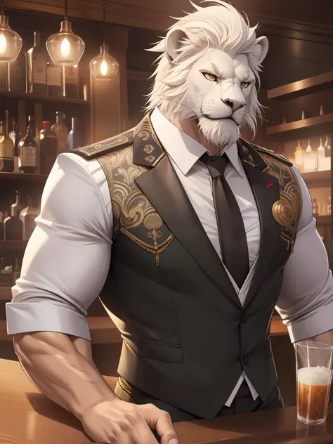 muscular furry wear working in bar as bar tender, tuxedo, furry, an anthro (white lion), an anthto, a old man muscular, facial h...