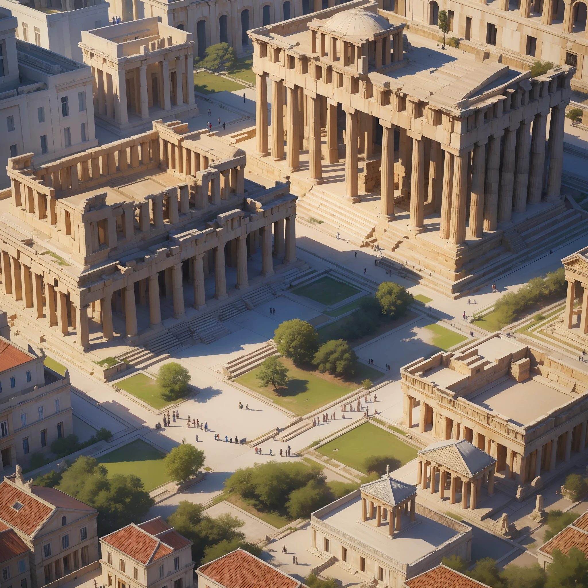 (Very detailed and high quality photos, masterpiece, best quality, 8k) top down view of an ancient Greek city, Athens, the Parthenon, palaces, temples, statues, markets, Ancient Greek Architecture, with people walking in the streets