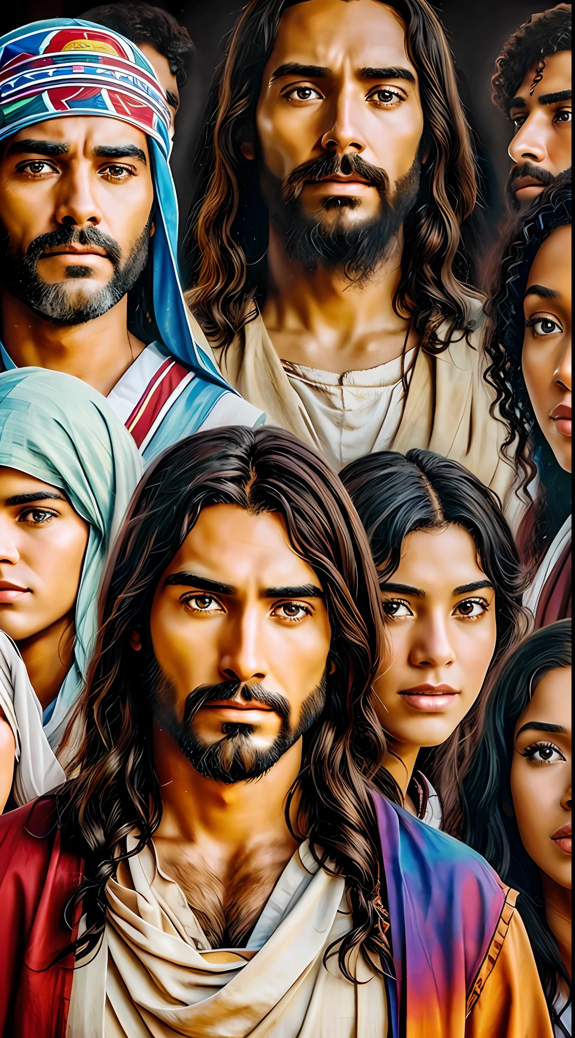 An artistic representation of Jesus Christ surrounded by people from different cultures and backgrounds.