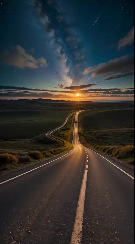 an image of a long, winding road, leading to a bright light on the horizon