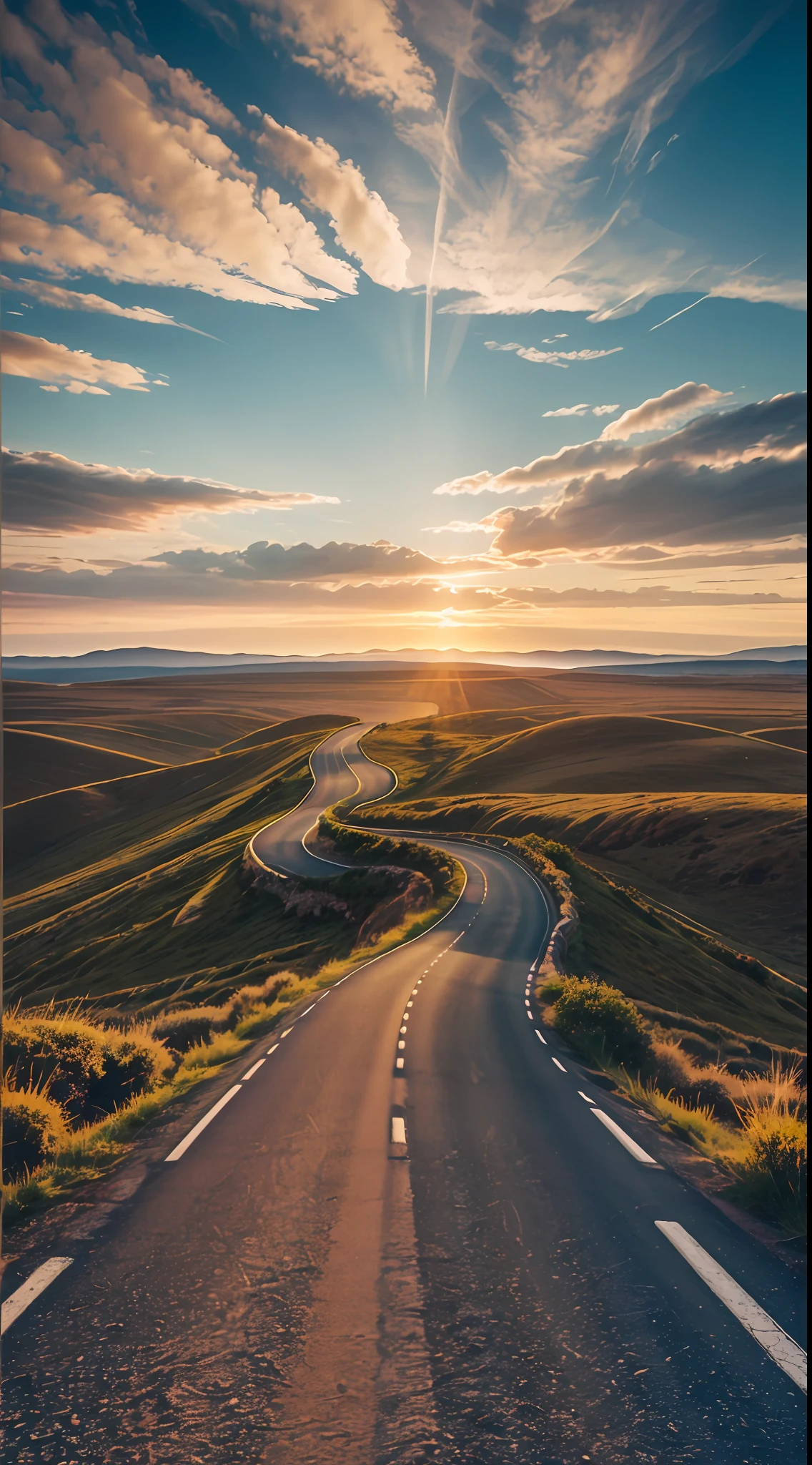 Uma imagem de um longo, estrada sinuosa, levando a uma luz brilhante no horizonte