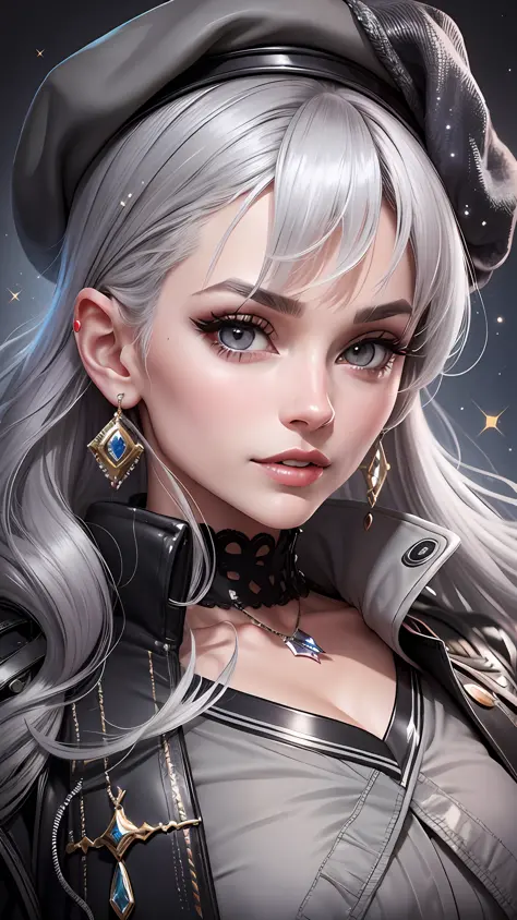 Sexy, grey hair, beret, mismatched pupils, crystal earrings, clenched teeth, sparkle, Conceptual art, 8k