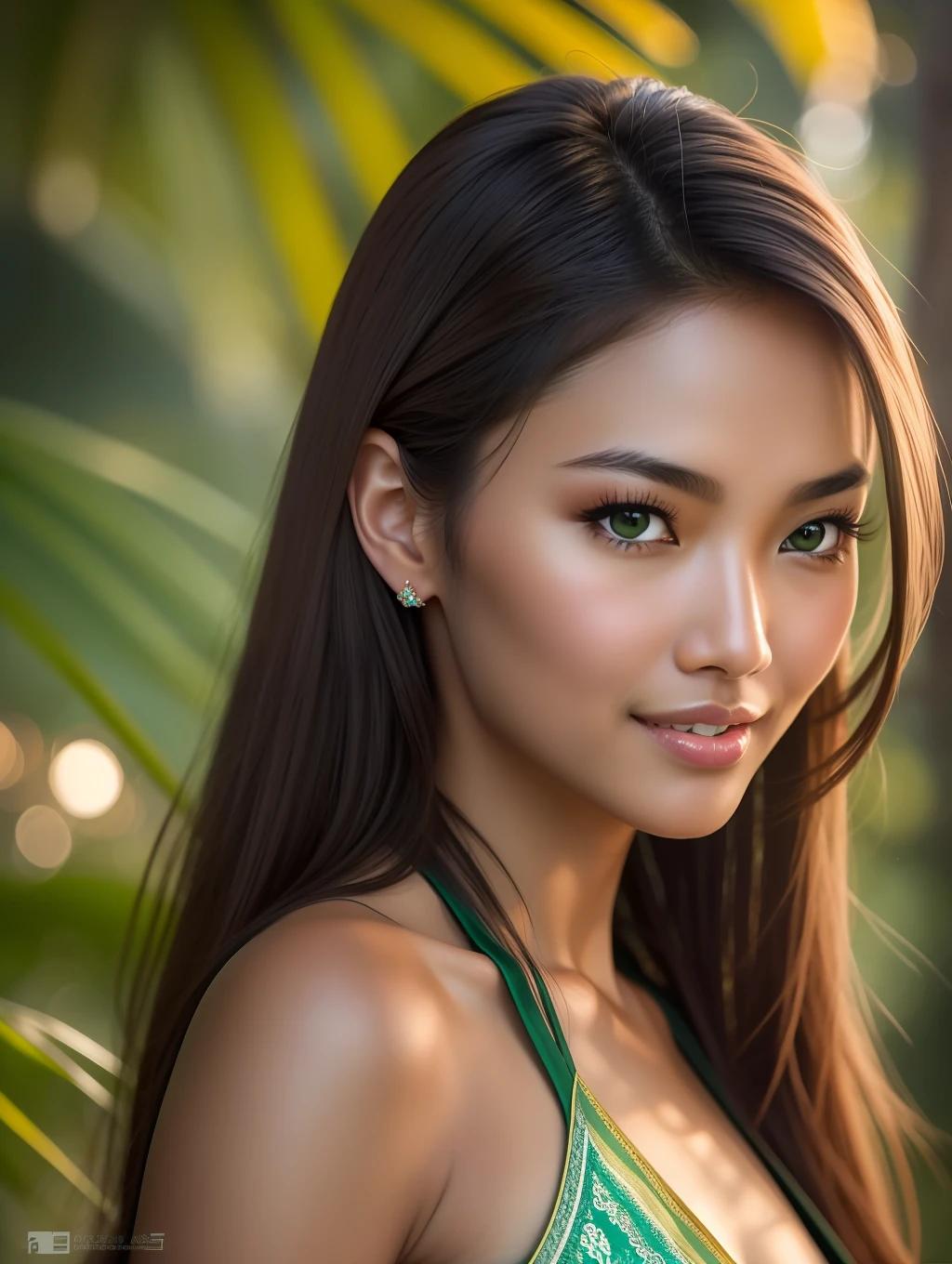 Cinematic soft lighting illuminates a stunningly detailed and ultra-realistic beautiful Oriental Thai-Filipina supermodel, beach look, long messy windy light brown hair, clear green eyes, captivating perfect smile, sensual, hot woman, gorgeous, that is trending on ArtStation. Octane is the perfect tool to capture the softest details of this 16k photography masterpiece.