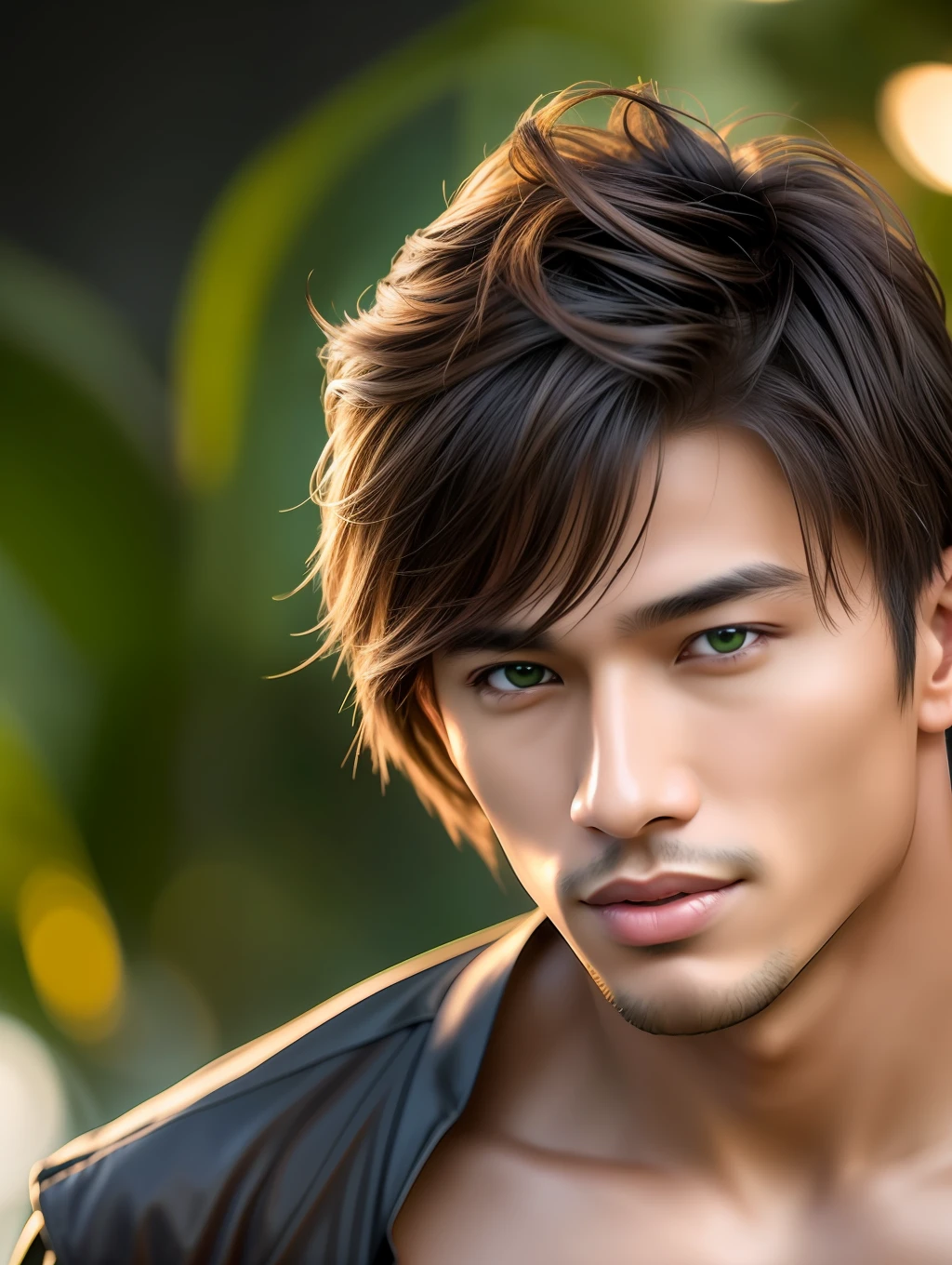 Arafed asian man with a black jacket and green eyes - SeaArt AI