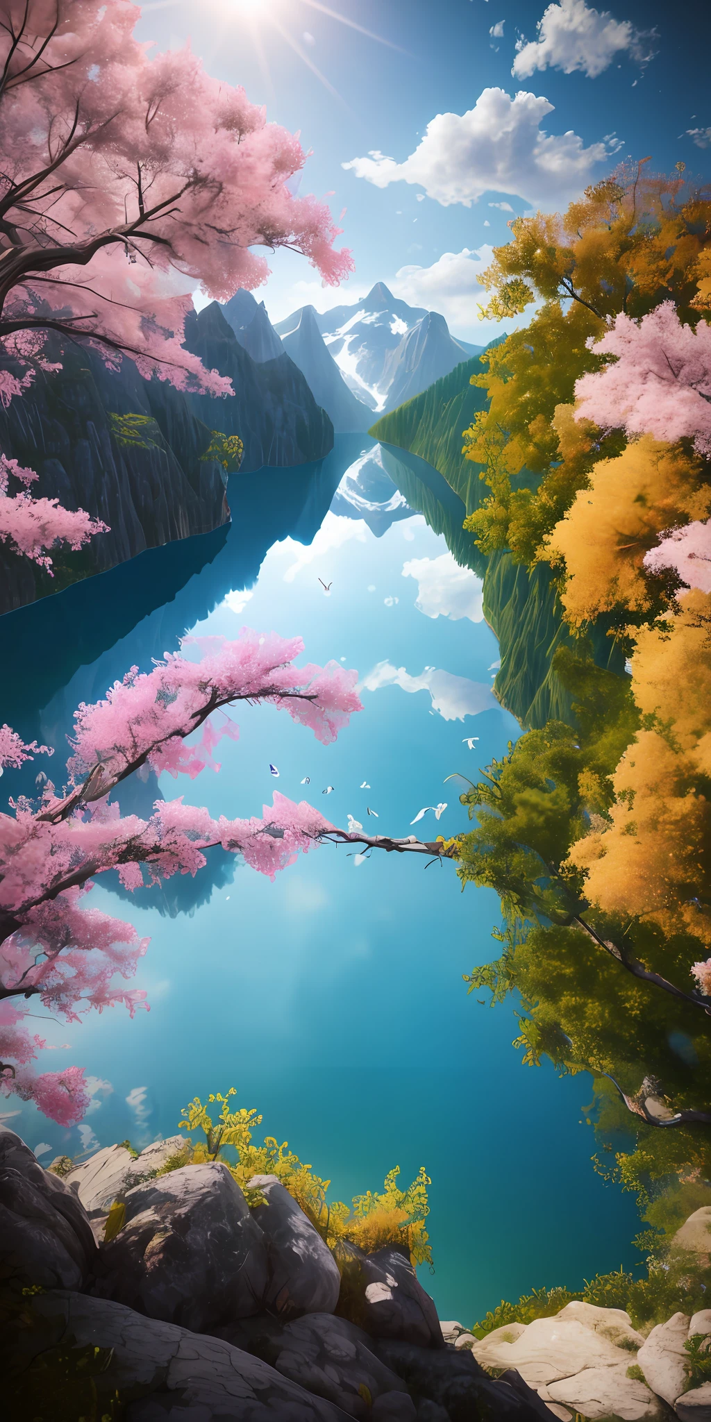 masterpiece, best quality, high quality, extremely detailed CG unity 8k 16:9 wallpaper, scenery, outdoors, sky, cloud, day, no humans, mountain, small birds , lily lake,landscape, water, cherry trees, blue sky, high waterfall, high cliff, nature, lake, river, cloudy sky,award winning photography, Bokeh, Depth of Field, HDR, bloom, Chromatic Aberration ,Photorealistic,extremely detailed, trending on artstation, trending on CGsociety, Intricate, High Detail, dramatic, art by midjourney