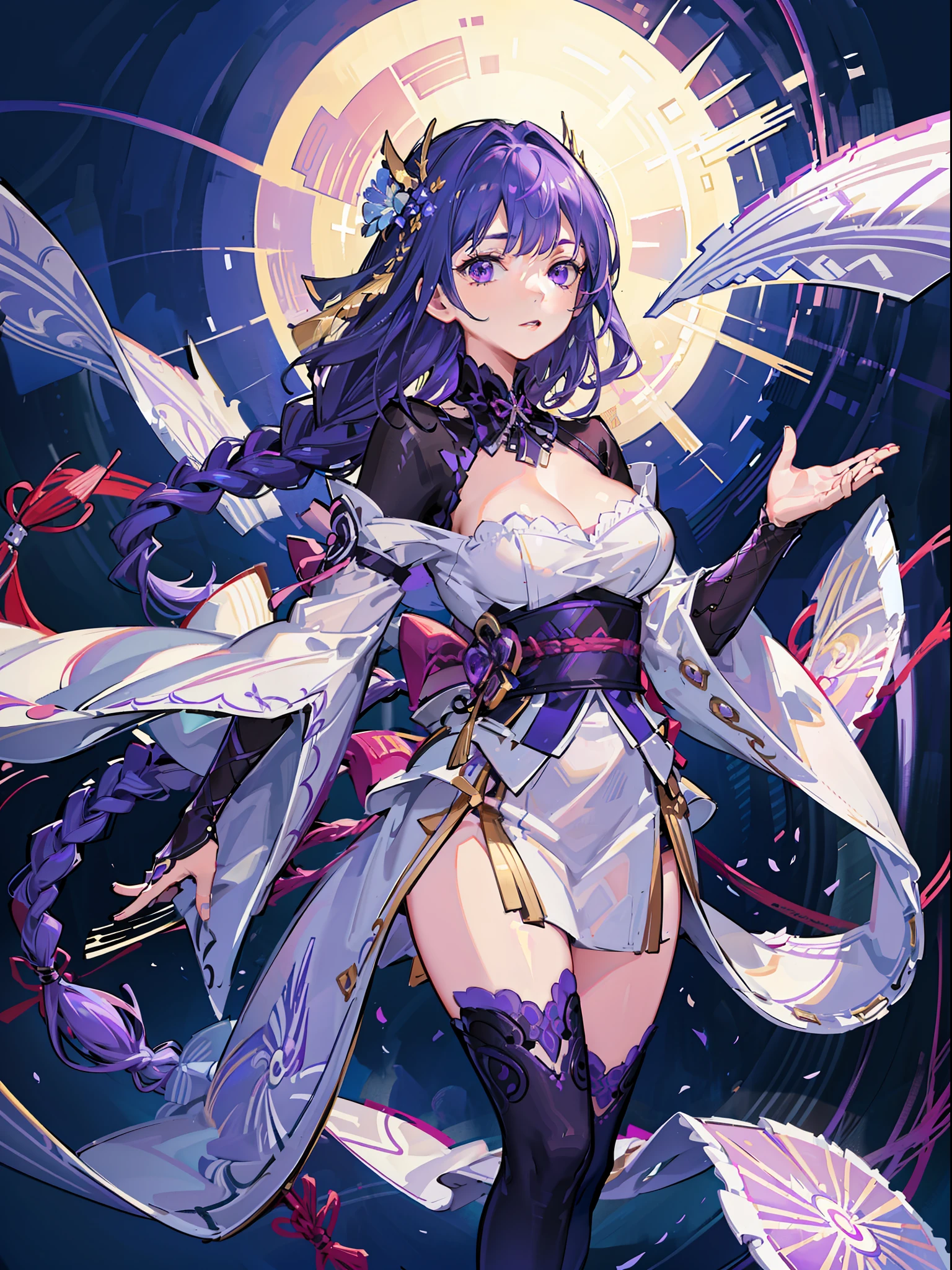 extremely delicate and beautiful, Amazing, finely detail, masterpiece, ultra-detailed, highres,best illustration, best shadow,intricate,sharp focus,  high quality,,A beautiful young woman with purple hair and a very long braid, purple eyes, electricity, floating in the air, purple fractals on background