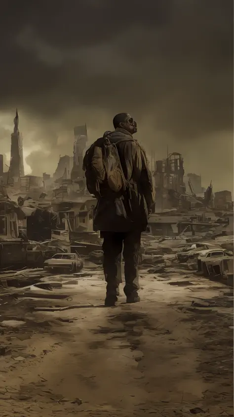 arafed man walking in a ruined city with a dog, in postapocalypse city, in a post-apocalyptic wasteland, post - apocalyptic, pos...