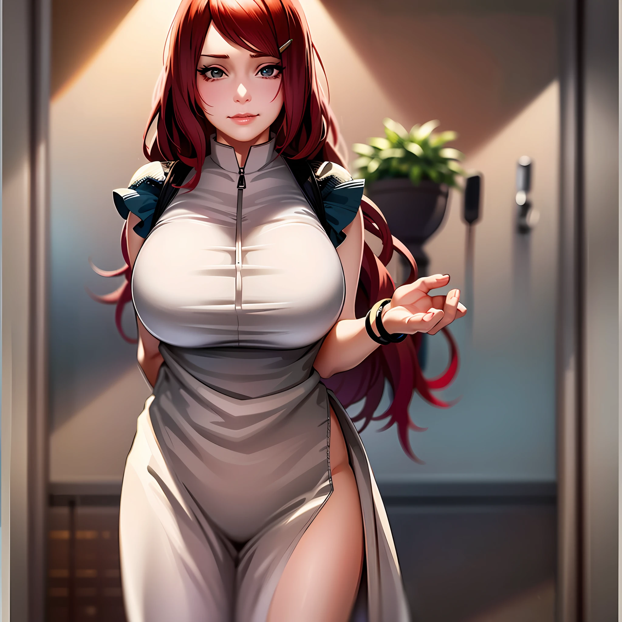 Anime girl with red hair and a white top posing in a room - SeaArt AI