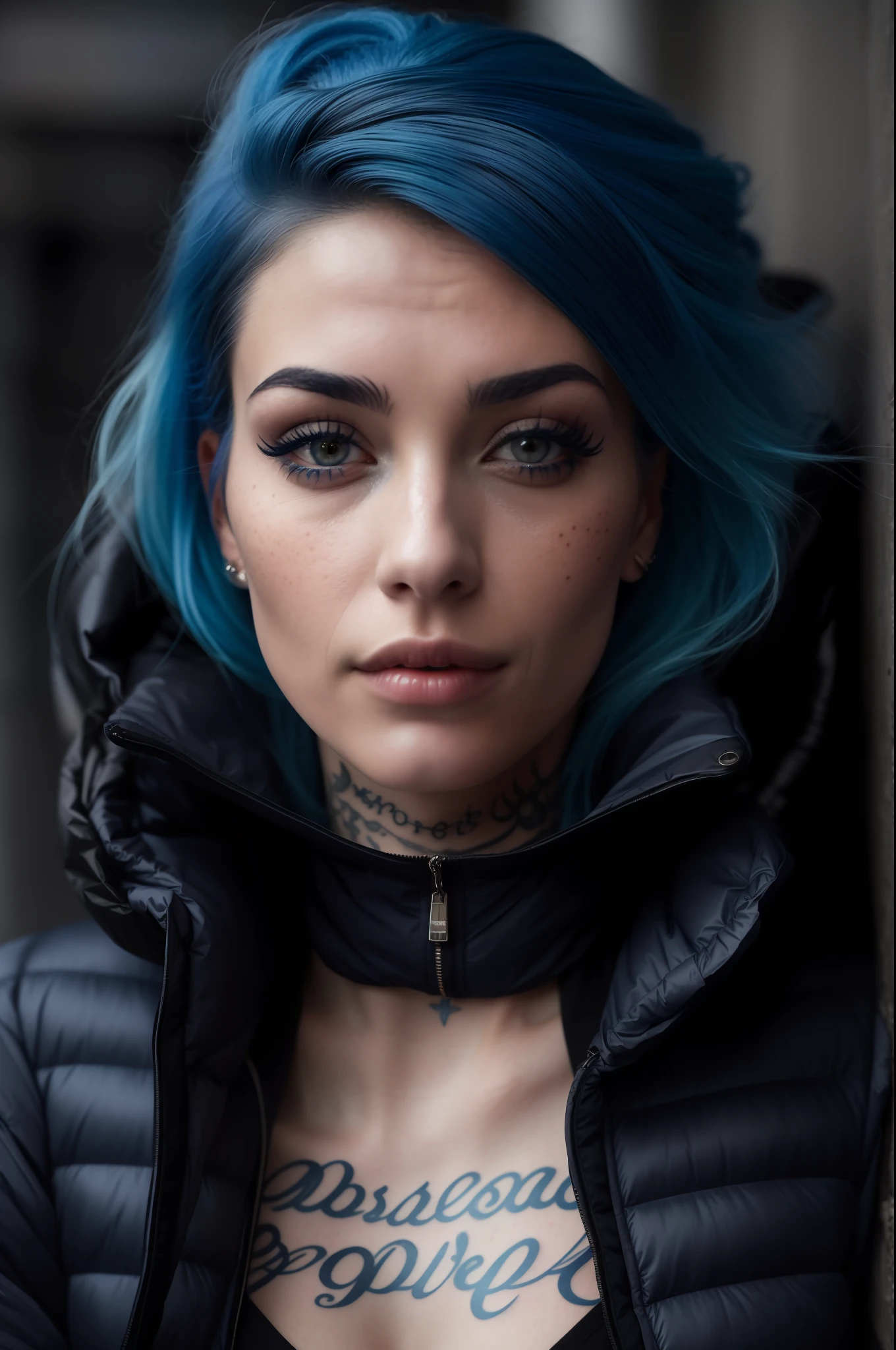 A photo of a seductive woman with loose blue hair, posing in New York, bored, she is wearing a puffer jacket and leggings, mascara, (tattoos:1.1), (textured skin, skin pores:1.1), (moles:0.8), (imperfect skin:1.1) intricate details, goosebumps, flawless face, (light freckles:0.9), ((photorealistic):1.1), (raw, 8k:1.2), dark and soft colors, slate atmosphere,  Tattoos