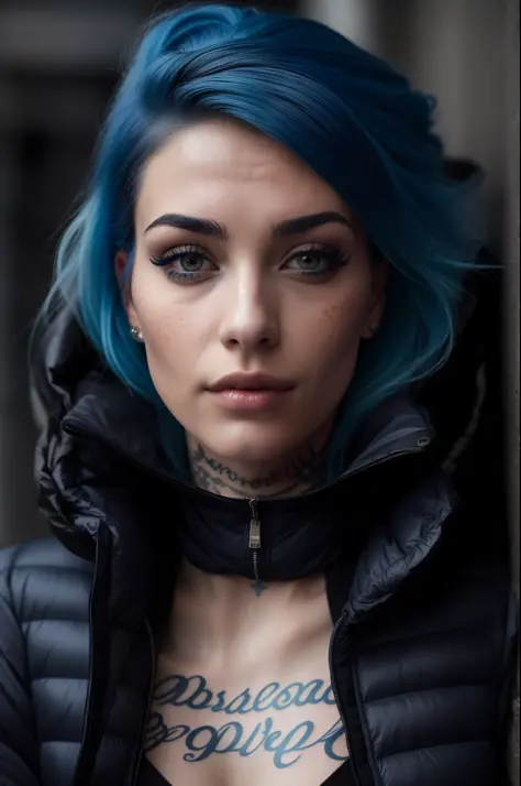 A photo of a seductive woman with loose blue hair, posing in New York, bored, she is wearing a puffer jacket and leggings, masca...