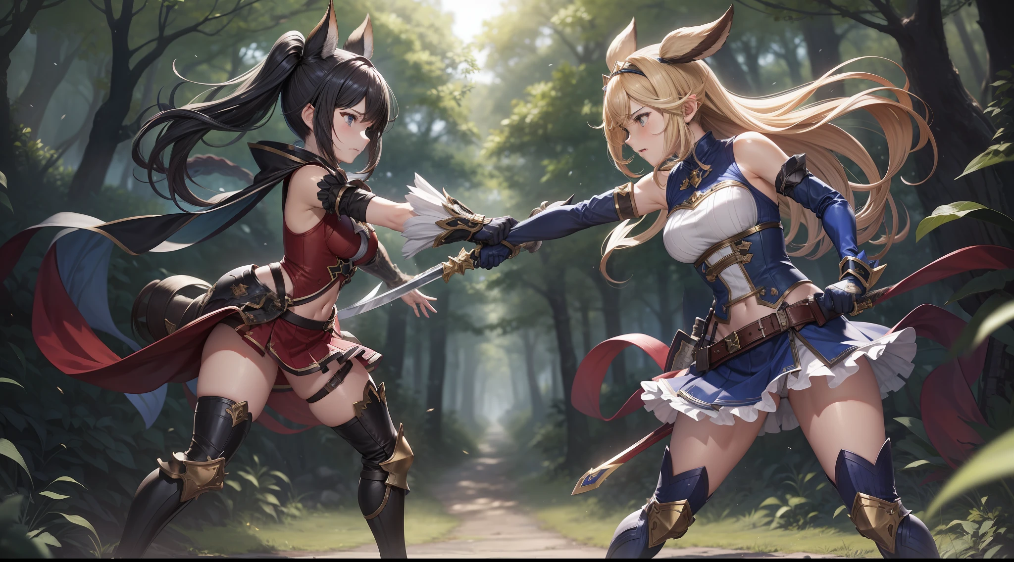 Dos chicas anime con armadura peleando en un bosque - SeaArt AI