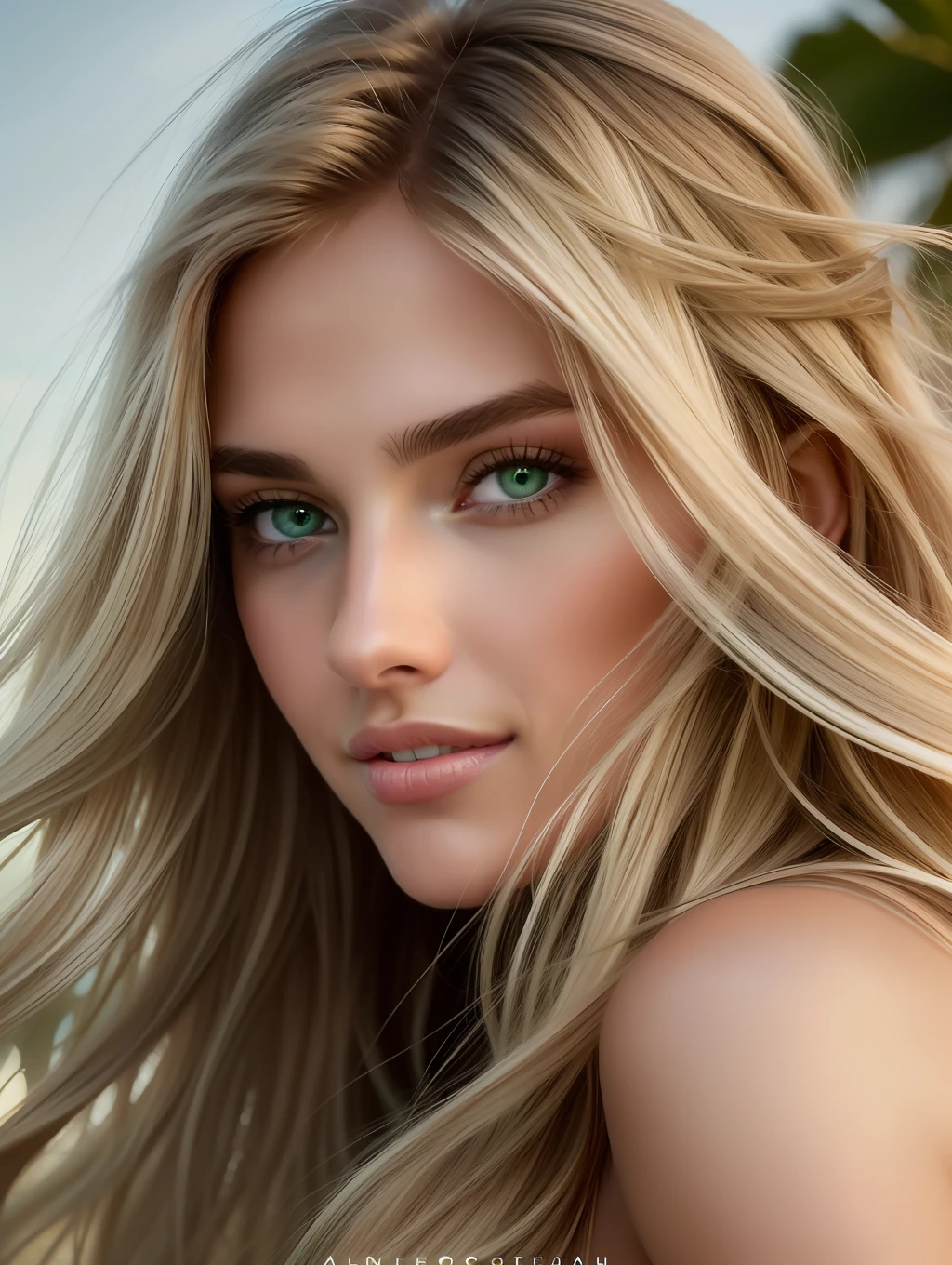 Cinematic soft lighting illuminates a stunningly detailed and ultra-realistic beautiful Greek supermodel, beach look, long messy windy dark blonde hair, clear green eyes, captivating perfect smile, sensual, hot woman, gorgeous, that is trending on ArtStation. Octane is the perfect tool to capture the softest details of this 16k photography masterpiece.