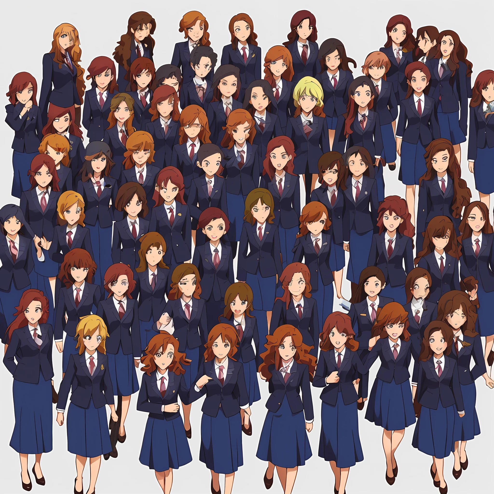 perfect anime illustration, multiple girls, clones, identical sisters, brown hair, curly hair, long hair, matching hairstyle, hazel eyes, smiling, business attire, blue skirt suit, black high heels, matching outfits, businesswomen, highres, full body, bare legs