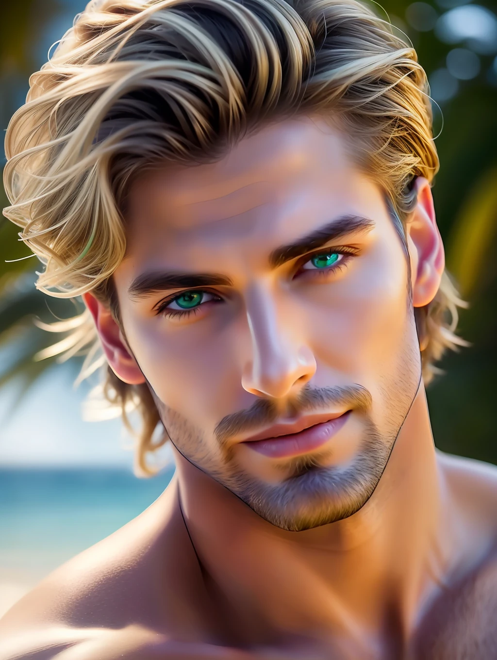 Cinematic soft lighting illuminates a stunningly detailed and ultra-realistic beautiful Greek male supermodel, beach look, short messy windy dark blonde hair, clear green eyes, captivating perfect smile, sensual, hot man, handsome, that is trending on ArtStation. Octane is the perfect tool to capture the softest details of this 16k photography masterpiece.