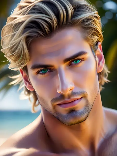 Cinematic soft lighting illuminates a stunningly detailed and ultra-realistic beautiful Greek male supermodel, beach look, short...
