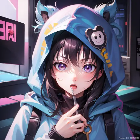 girl in hoodie, index finger to mouth, facing camera, upper body, monkey, monkey sticker, key anime art, projectile on broken di...