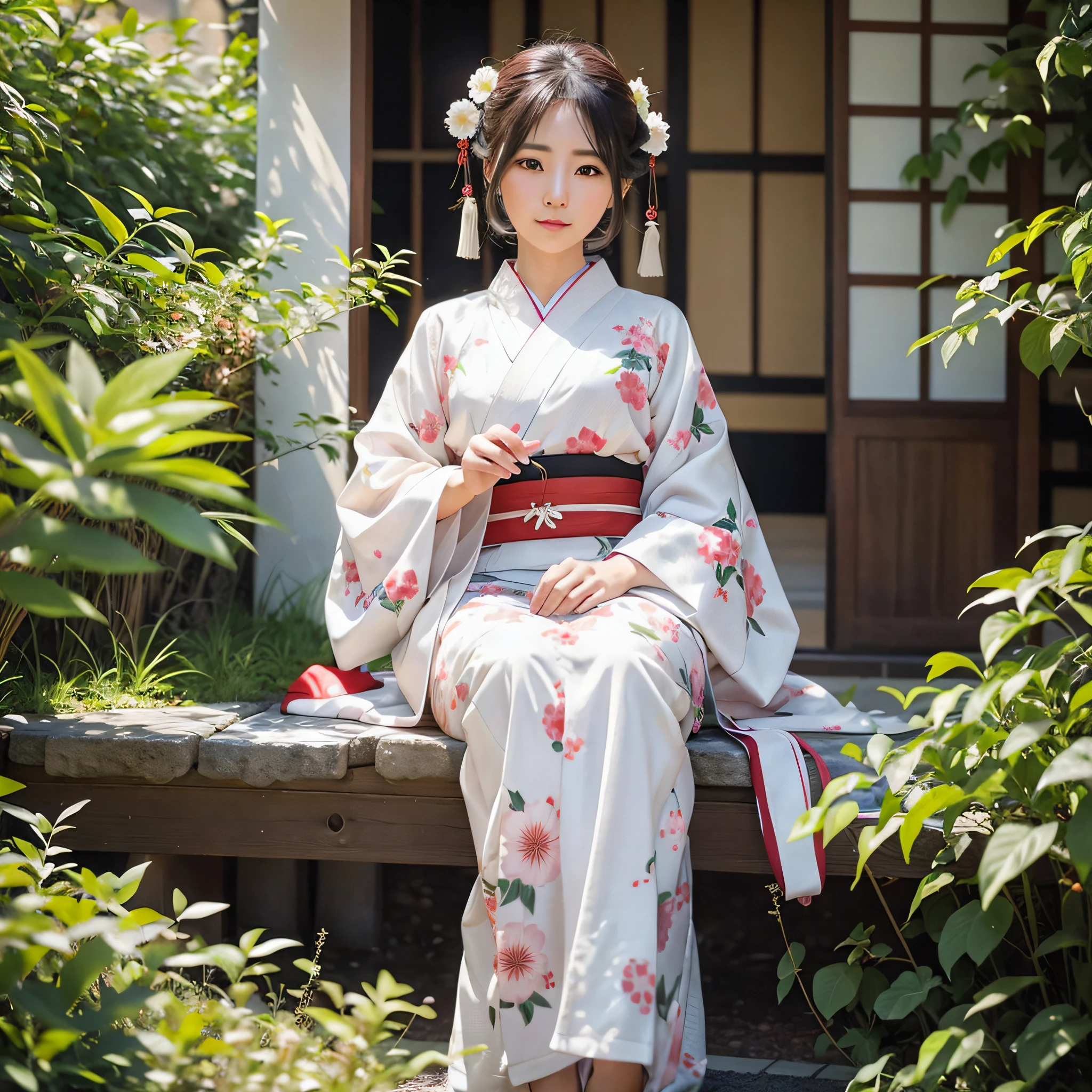 Araffe in a kimono sitting on a bench in a garden - SeaArt AI