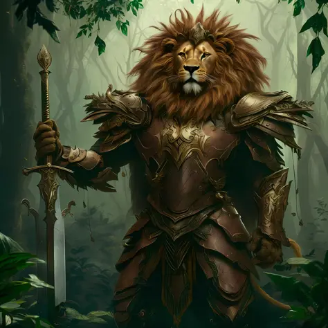 arafed image of a lion in armor holding a sword, lion warrior, lord of the jungle, epic fantasy card game art, lord of beasts, fantasy card game art, detailed fantasy art, epic fantasy character art, aslan the lion, high quality fantasy art, king of the ju...