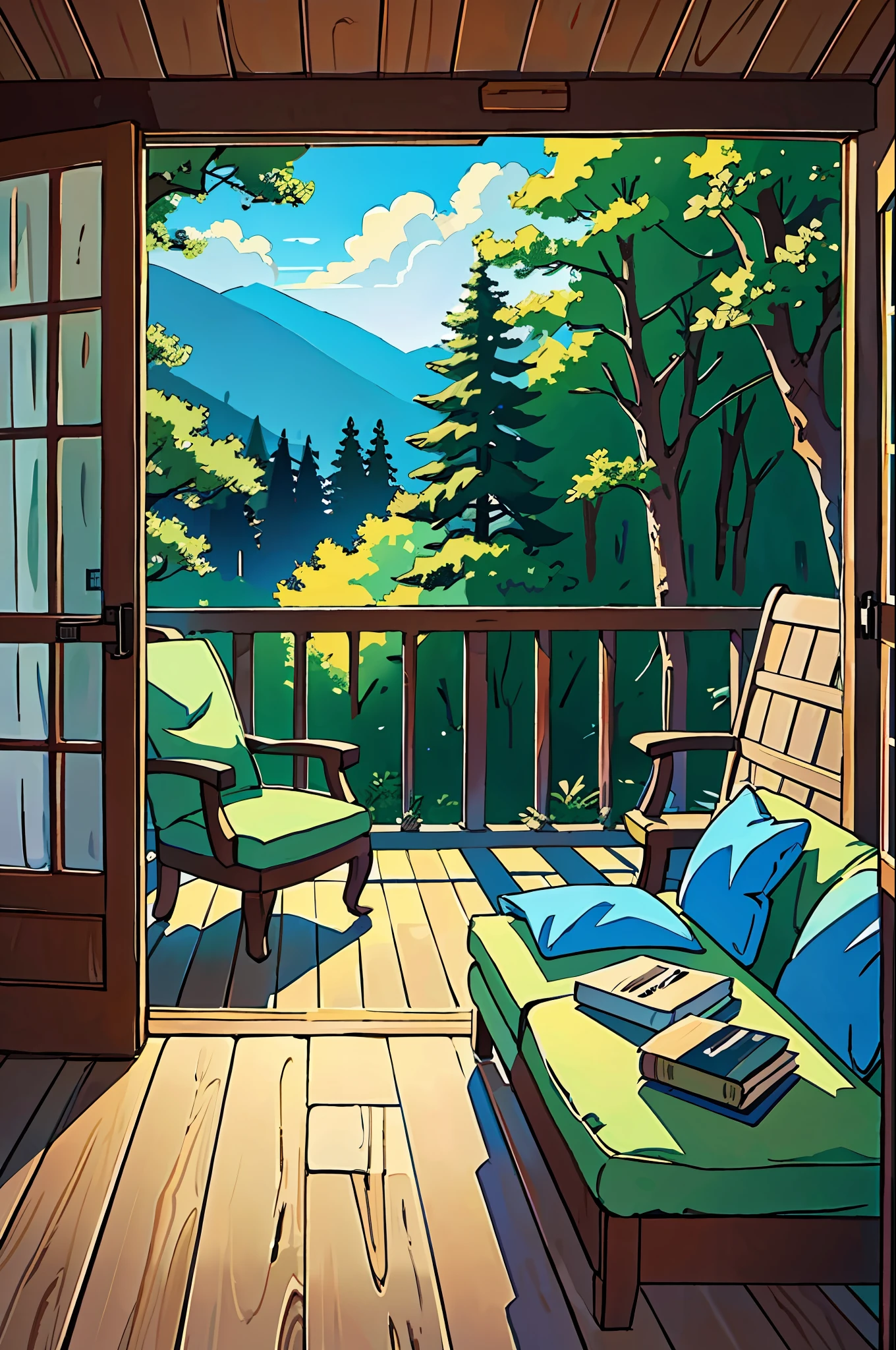 (melhor qualidade:0.8), (melhor qualidade:0.8), ilustração de anime perfeita, interior de uma casa linda e aconchegante na floresta