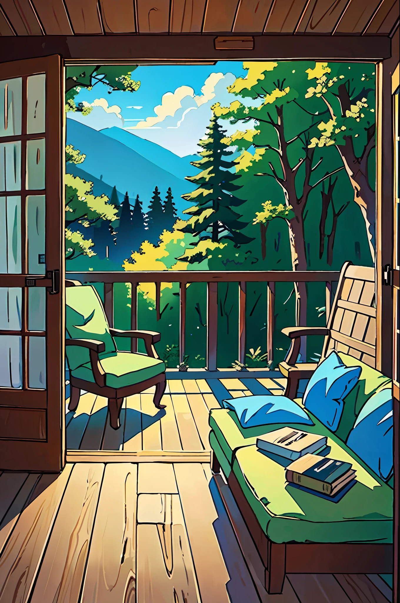 (best-quality:0.8), (best-quality:0.8), perfect anime illustration, interior of a lovely and cozy cottage in the woods