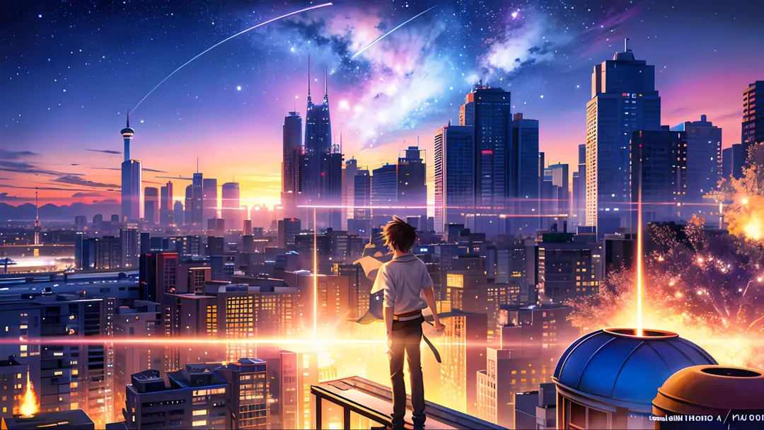 ultra High revolution with detailed anime scene of a man standing on a rooftop looking at a city, anime movie background, cosmic skies. by makoto shinkai, 4k anime wallpaper, ( ( makoto shinkai ) ), makoto shinkai. —h 2160, makoto shinkai cyril rolando, yo...