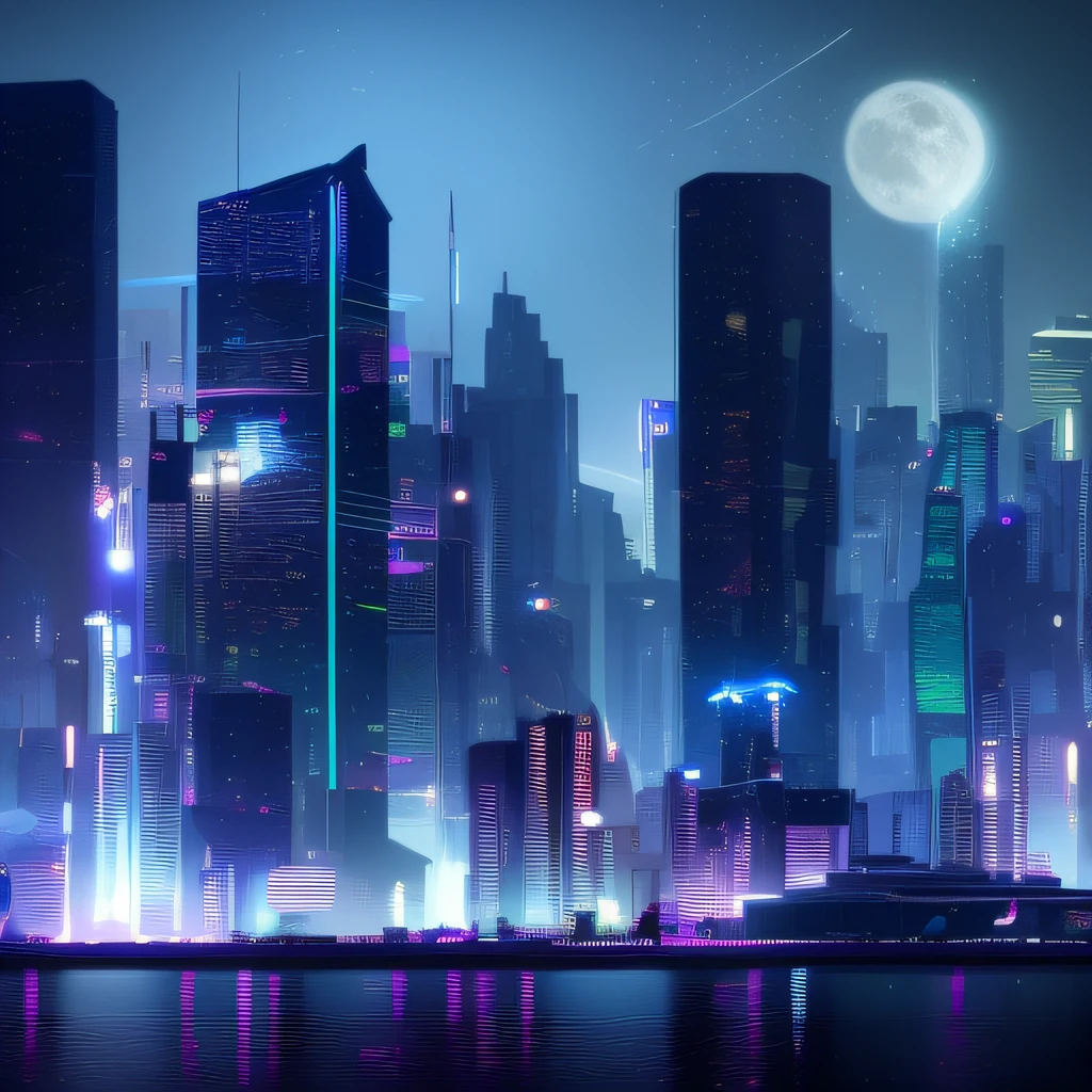 Cyberpunk, un paisaje urbano futurista con un fondo nocturno con luces brillantes y una luna brillante.