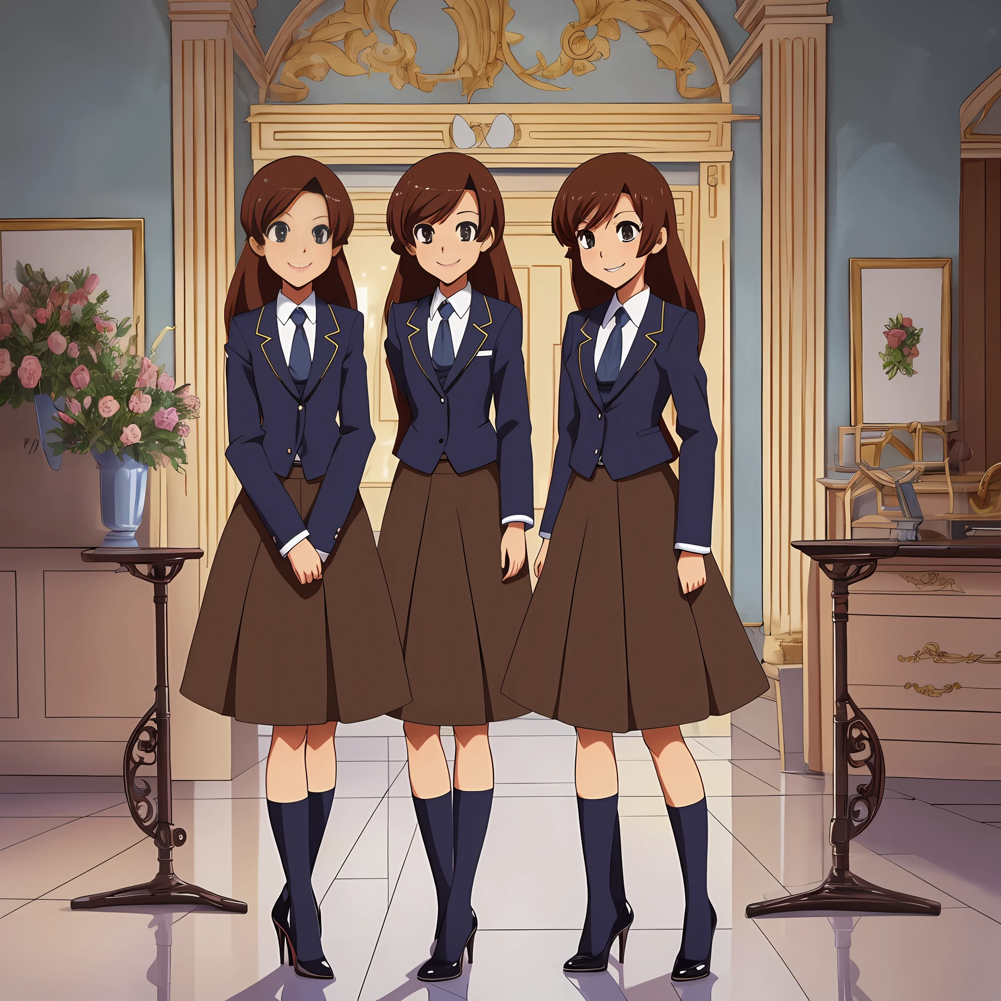 perfect anime illustration, multiple girls, clones, identical sisters, brown hair, curly hair, long hair, matching hairstyle, hazel eyes, smiling, blue skirt suit, pencil skirt, black high heels, matching outfits, highres, bedroom, full body, bare legs, neat rows of sisters, neat columns of sisters, sisters standing in formation, sisters in background