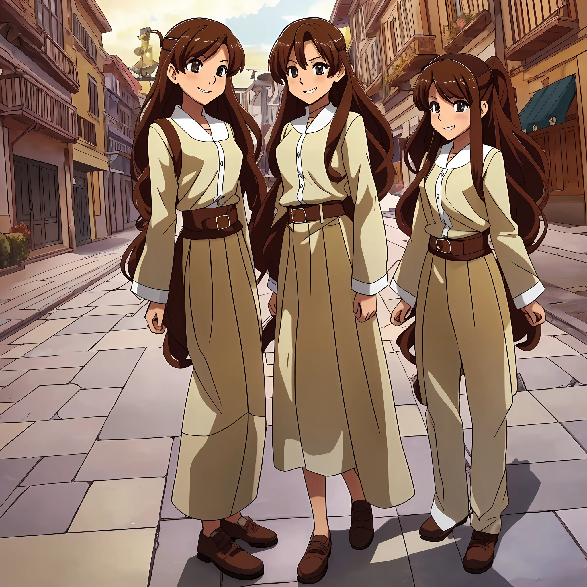 perfect anime illustration, multiple girls, clones, identical sisters, brown hair, curly hair, long hair, matching hairstyle, hazel eyes, smiling, casual outfits, matching outfits, highres, bedroom, full body, bare legs, neat rows of sisters, neat columns of sisters, sisters standing in formation, sisters in background