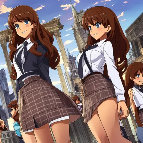 perfect anime illustration, multiple girls, thousands of girls, millions of girls, clones, identical sisters, brown hair, curly ...