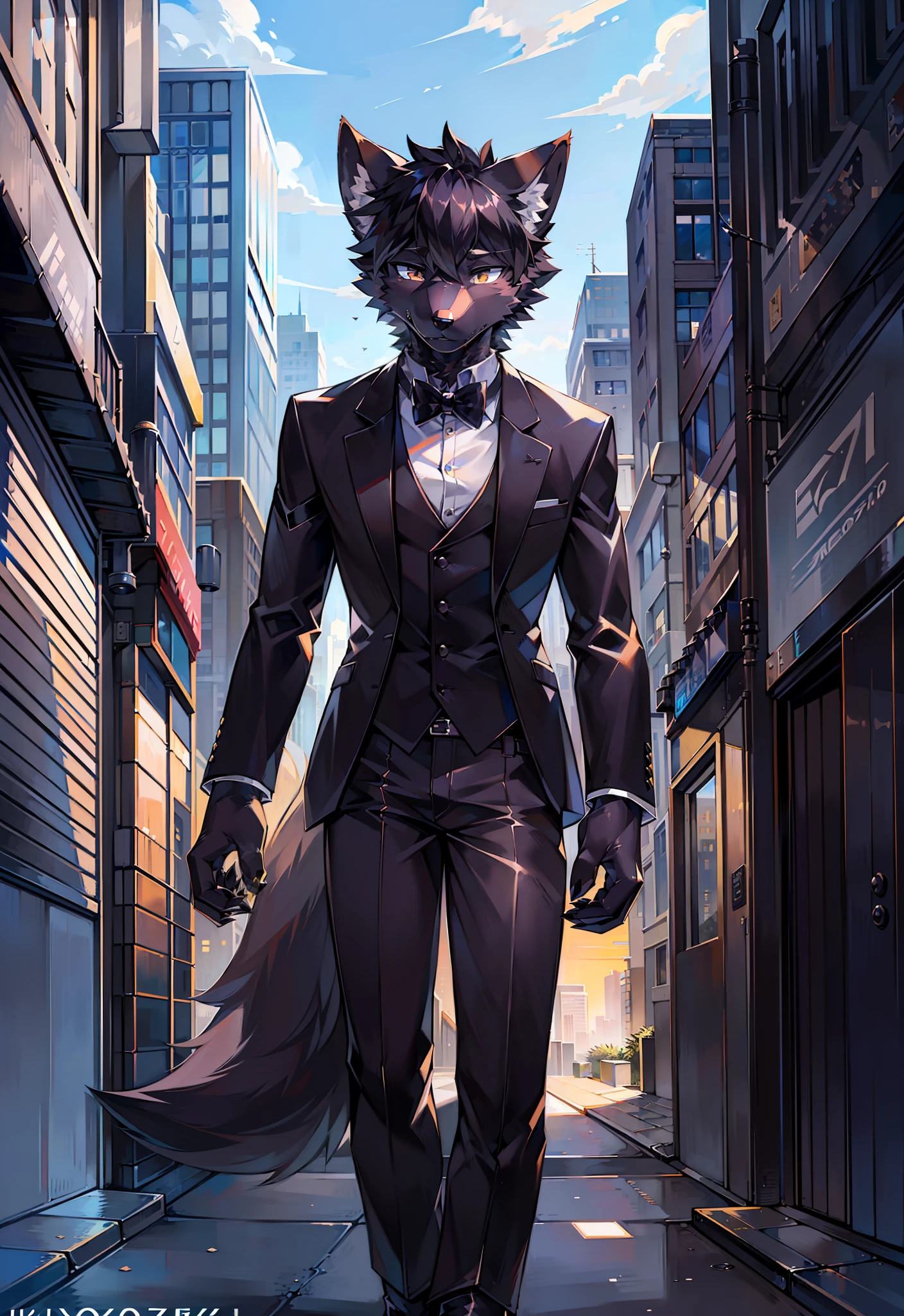 (furry art, uploaded on e621:1.4), (masterpiece:1.3), (best quality:1.2),(2D:1.0), (anime:1.0), (illustration:1.0), (sharp:1.2), (light_environment), (city), (clear, shiny:0.8), (impasto:1.1), (ultra-detailed:1.0) (1boy, solo), black, (anthro furry:1.6), (anthro_male_wolf:1.2), (black fur:1.6), tuxedo, long pants