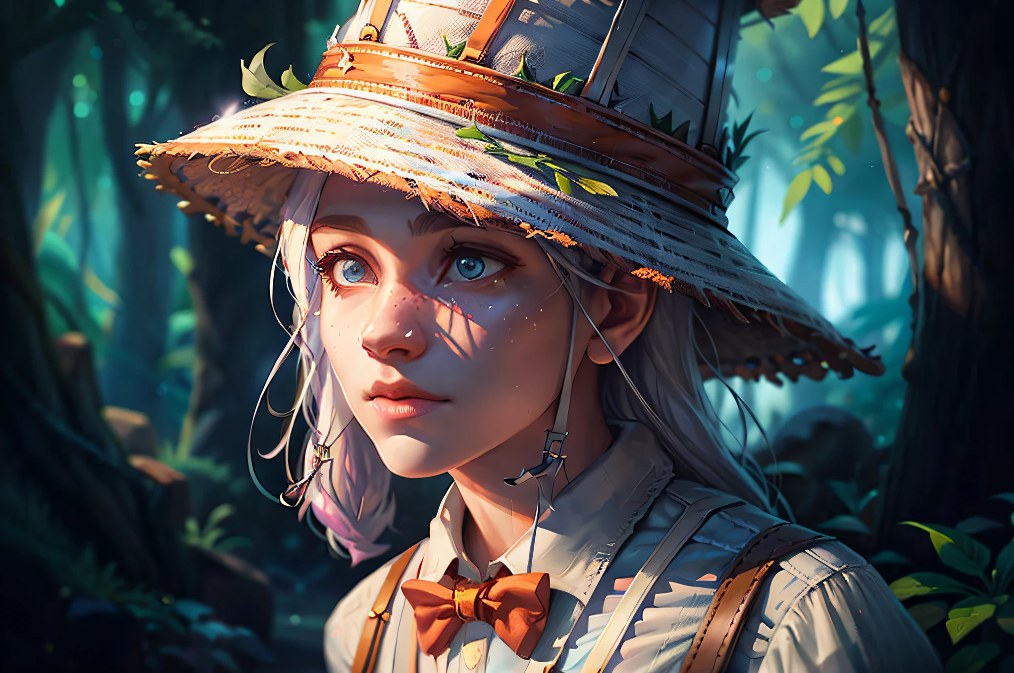 cinematic, (realistic), intricate complexity, portrait shot, ray tracing, fantasy wizard hat, flame, (white suspenders:1.4), tone, respect, matte painting concept art, colorful clothes, high quality, lush vegetation, trending on CGSociety, purple_flower, cartoon, blue ocean, (cinematic lighting), 1 girl, digital painting, debris,